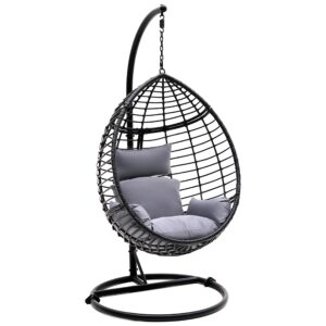 serenelife hanging egg chair with stand - indoor outdoor patio wicker rattan lounge chair with stand, steel frame, uv resistant washable cushions for garden backyard deck sunroom slgz0egbl (black)