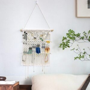 TOYAFUN Hanging Jewelry Organizer Macrame Earring Holder Organizer Wall Necklace Organizer Boho Decor for Necklaces Bracelet Earrings Rings on Closet Wall Door