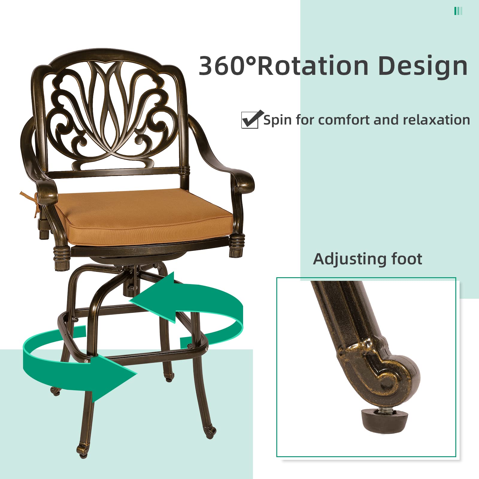 VIVIJASON 2-Piece Patio Swivel Bar Stools, All-Weather Cast Aluminum Bar Height Bistro Chairs with Seat Cushion, Outdoor Furniture Bar Dining Chair Set for Deck, Lawn, Garden, Backyard, Antique Bronze