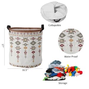 Big Laundry Basket Storage, Southwest Native American Tribal Totem Boho Waterproof Canvas Laundry Hamper, Round Collapsible Basket with Handles for Nursery Laundry Room Home Office