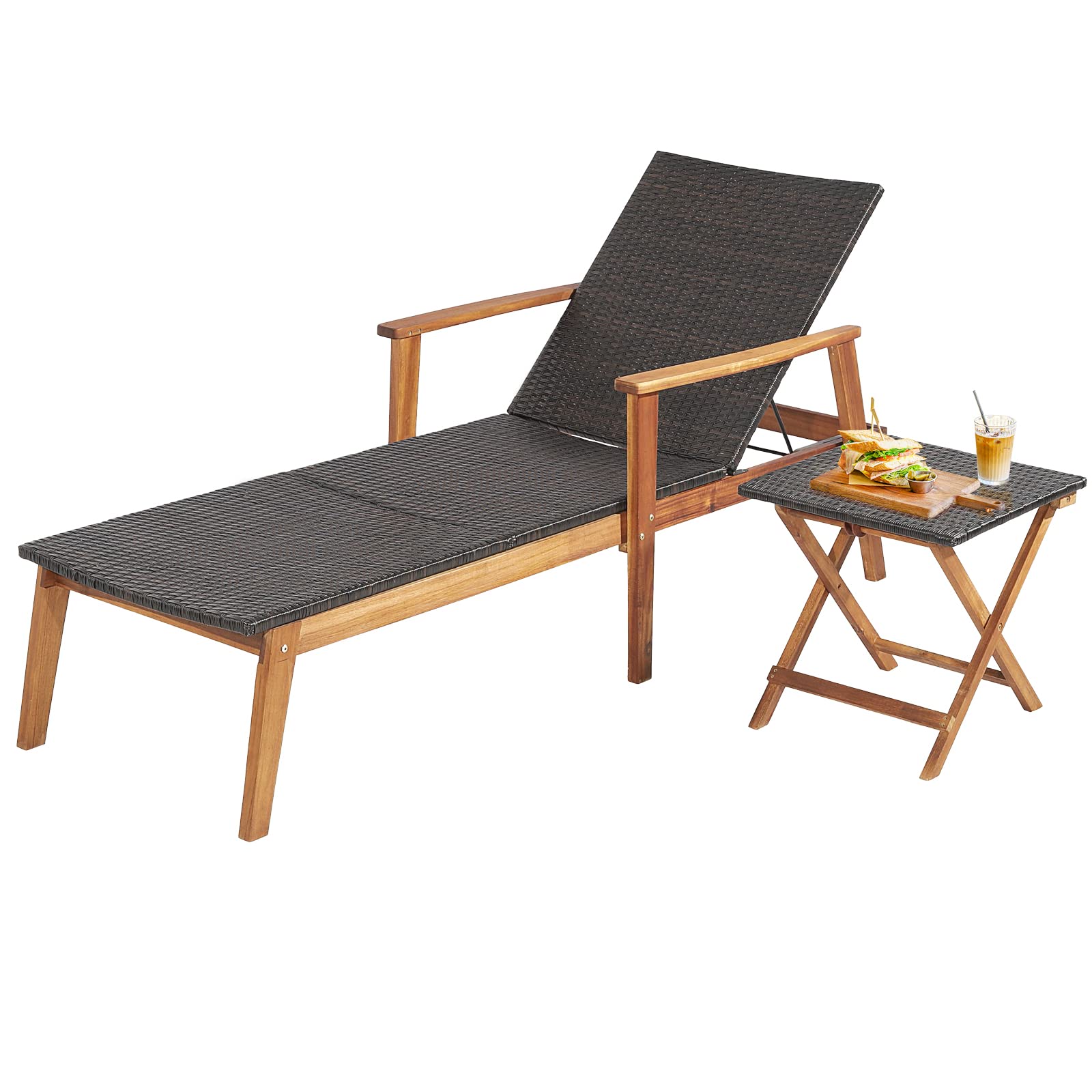 Tangkula 2 Piece Patio Chaise Lounge & Table Set, Outdoor Rattan Recliner w/Folding Side Table, 4-Level Adjustable Backrest, Solid Acacia Wood Frame, Recliner & Table Set for Backyard (Mix Brown)