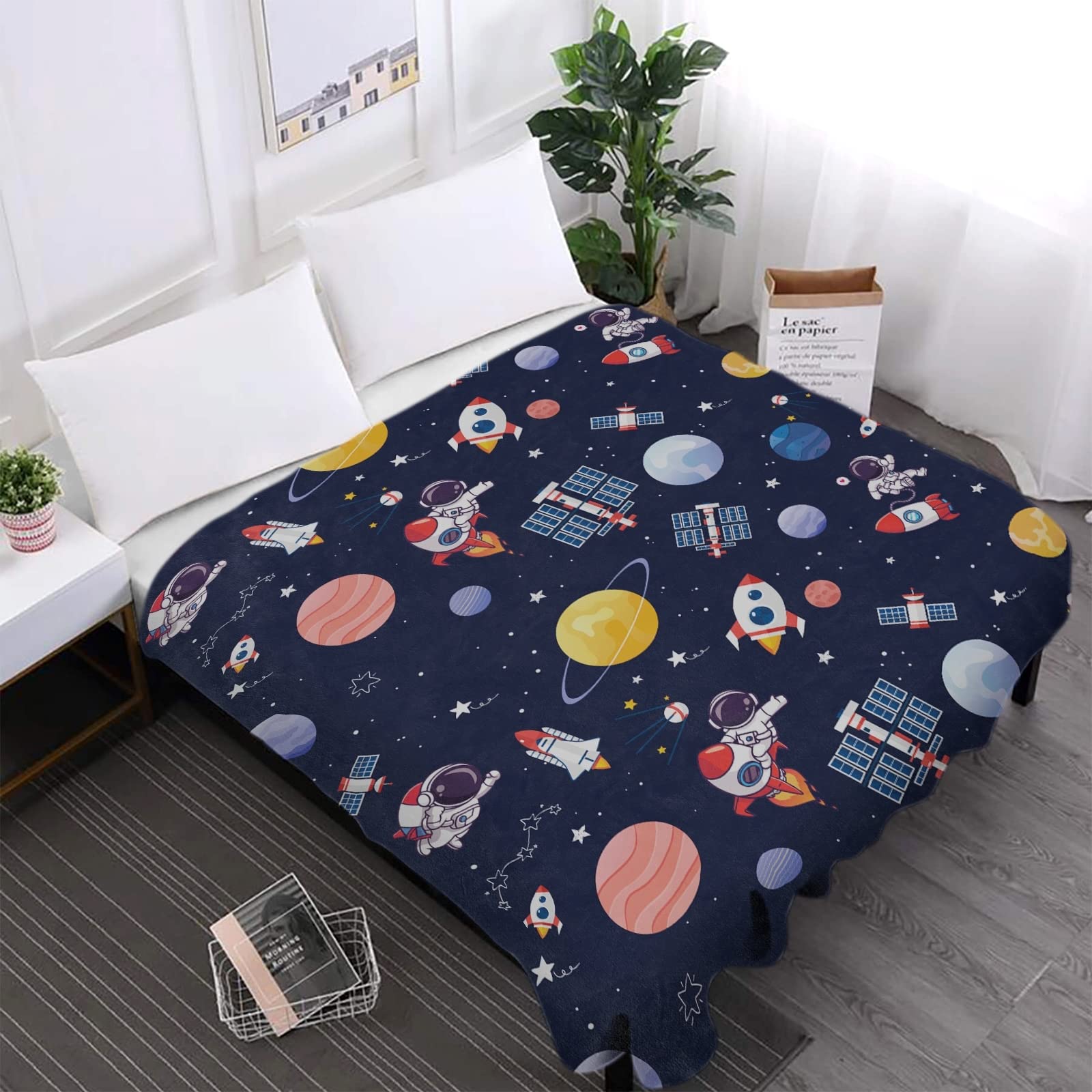 Outer Space Theme Throw Blanket for Kids, 50 x 60 Inch Blue Space Astronaut Rocket Fuzzy Plush Blanket for Boys Gift, Soft Galaxy Planet Spaceship Flannel Blanket for Children Teen Bed Couch Decor