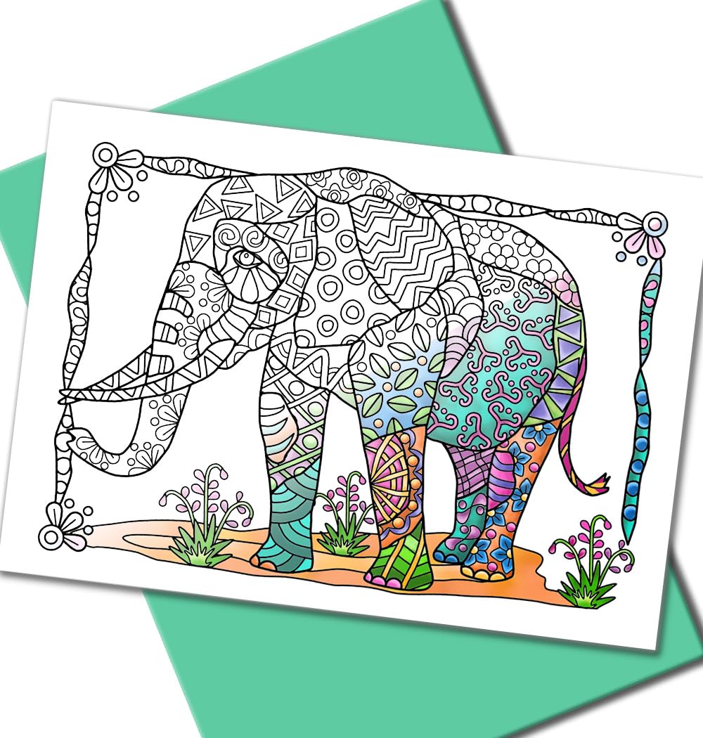 Art Eclect Coloring Nature Greeting and Thank You Note Cards, Zentangle Wildlife Animals Designs, 10 Cards with Green Envelopes included (Wildlife/Green 10 cards)