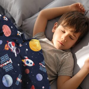 Outer Space Theme Throw Blanket for Kids, 50 x 60 Inch Blue Space Astronaut Rocket Fuzzy Plush Blanket for Boys Gift, Soft Galaxy Planet Spaceship Flannel Blanket for Children Teen Bed Couch Decor