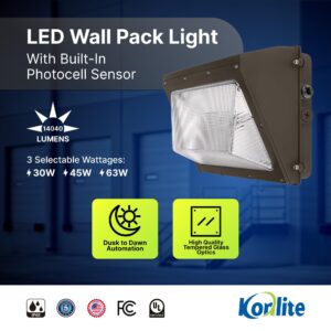 Konlite - 108/90/63W Commercial LED Wall Pack Light with Photocell, IP65 Rated, DLC/ETL Listed Wall Light Fixtures, Wall Lights for Outdoor Lighting, 3 Bright Lvls, Up to 14,040LM, 5000K Daylight