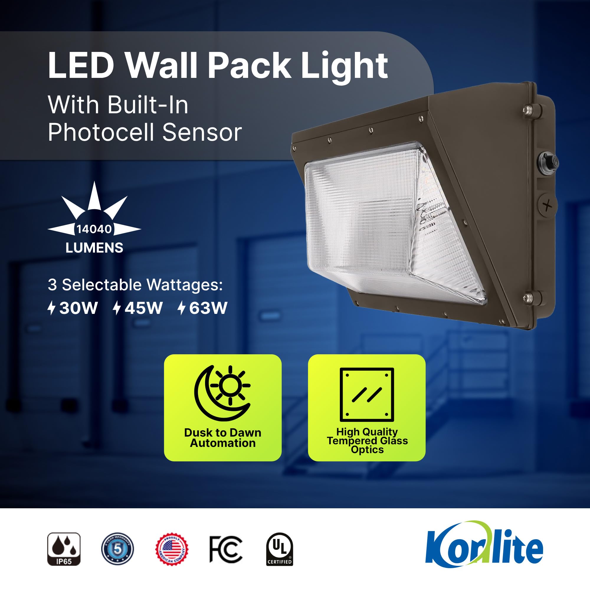 Konlite - 108/90/63W Commercial LED Wall Pack Light with Photocell, IP65 Rated, DLC/ETL Listed Wall Light Fixtures, Wall Lights for Outdoor Lighting, 3 Bright Lvls, Up to 14,040LM, 5000K Daylight