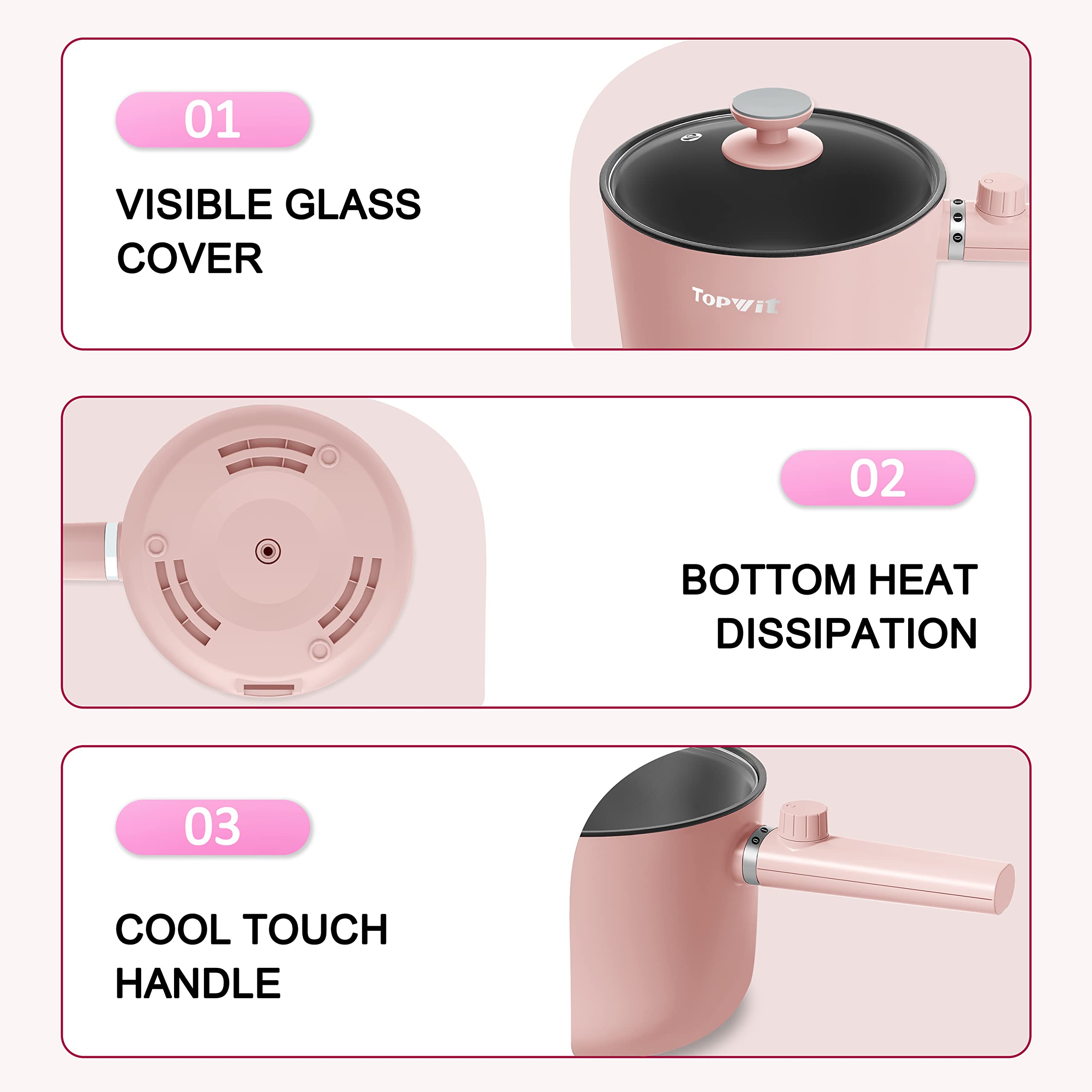 Topwit Hot Pot Electric, 1.5L Ramen Cooker, Portable Non-Stick Frying Pan, Electric Pot for Pasta, Steak, BPA Free, Electric Cooker with Dual Power Control, Over-Heating & Boil Dry Protection, Pink