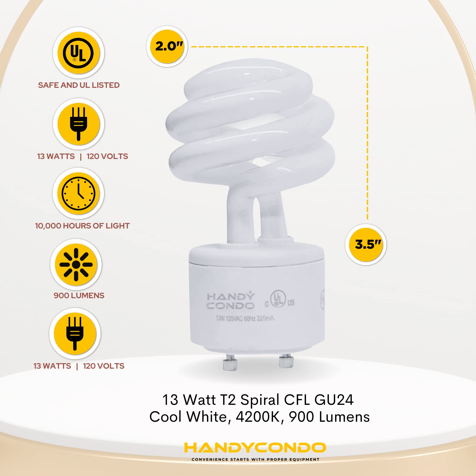 HANDYCONDO 13 Watt CFL GU24 Light Bulb with Two Prongs - T2 Mini Spiral Light Bulbs 4200k - 120v 60Hz Cool White Light - Twist Lock Compact Fluorescent Light Bulbs for Indoor Use -4 Pack UL Approved