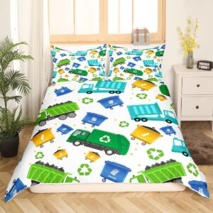 Feelyou Cartoon Garbage Truck Duvet Cover Green Trash Truck Bedding Set for Kids Boys Girls Teens Green Vehicle Car Comforter Cover Garbage Truck Toy Print Bed Set 2Pcs Zipper Twin Size (No Comforter)