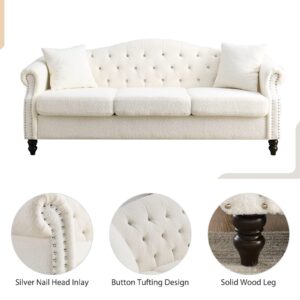 CALABASH 80" Chesterfield Sofa Teddy Tufted Couch with Two Pillows,3 Seater Sofa with Rolled Arms and Nailhead for Living Room, Bedroom, Office, Apartment(Teddy White, Sofa)