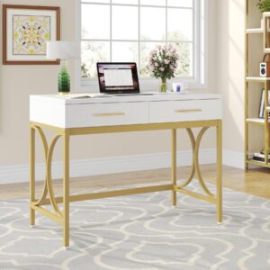 Tribesigns Modern Computer Desk with 2 Drawers, 41 Inches Study Writing Office Desk for Home Office, Bedroom, Makeup Vanity Table Desk with Gold Metal Frame, White & Gold