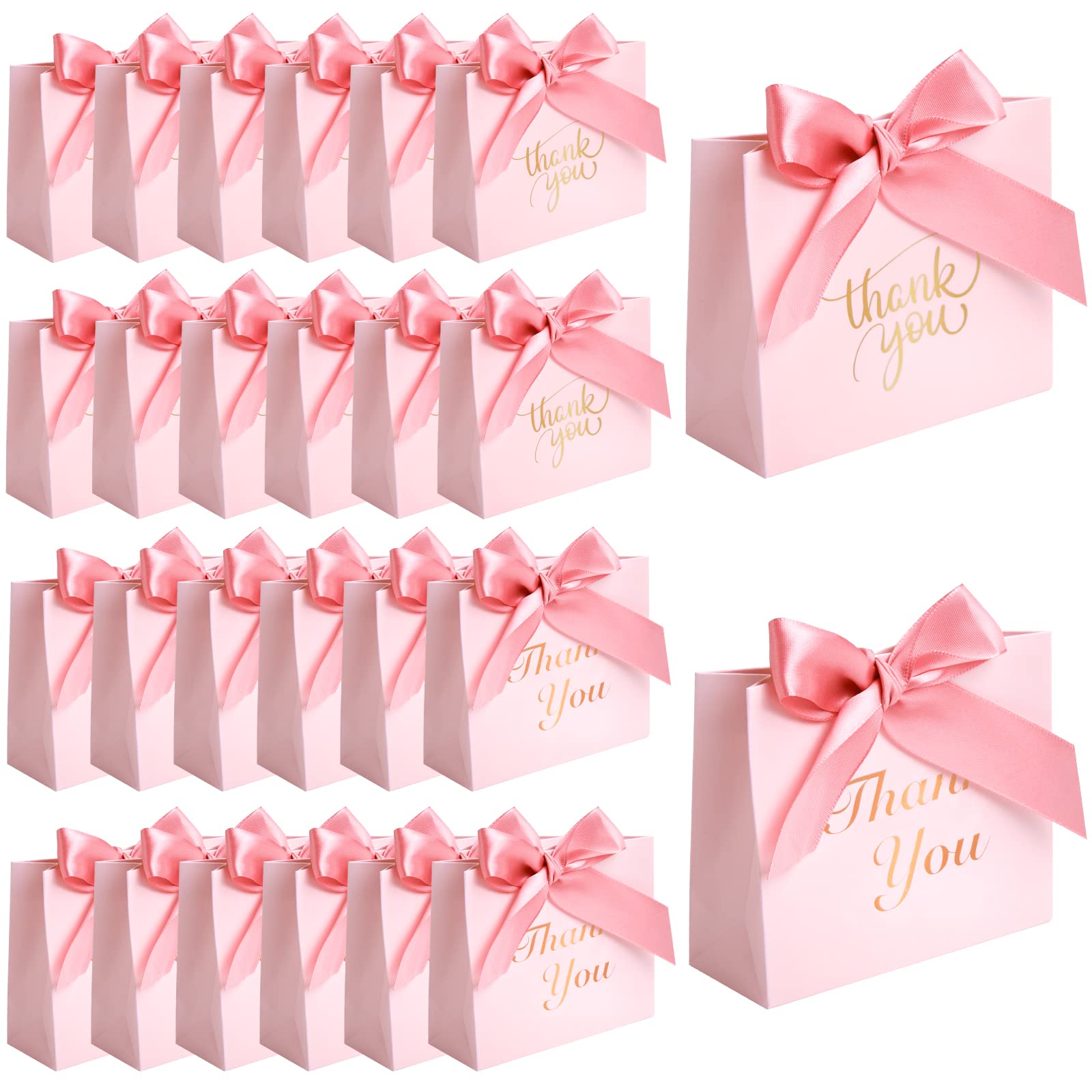 VGOODALL 24PCS Small Thank You Gift Bags, Mini Party Favor Bags Pink Candy Bags Treat Boxes Paper Gift Bags with Bow Ribbon for Wedding Bridal Baby Shower Birthday Party