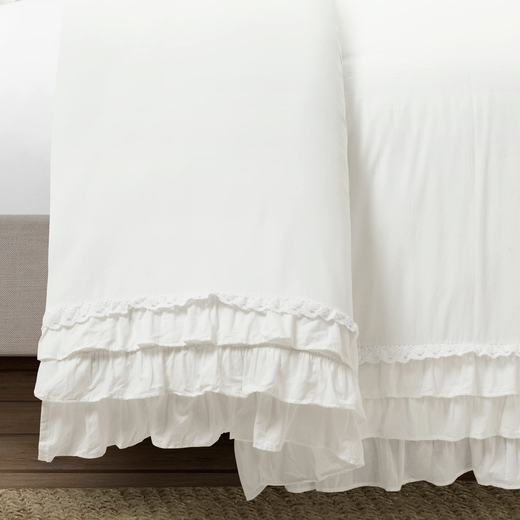 Lush Decor Ella Ruffle Lace 100% Cotton 3 Piece Duvet Cover Set, Full/Queen, White