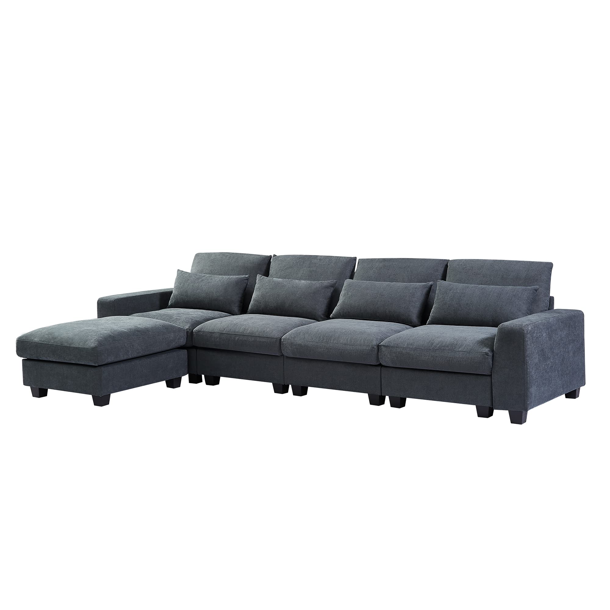 WILLIAMSPACE 129.9" Sectional Sofa for Living Room, Large L-Shaped Sofa Couch with Ottoman, Feather Filled 4 Seat Upholstered Convertible Modular Sofa with Waist Pillows - Dark Grey