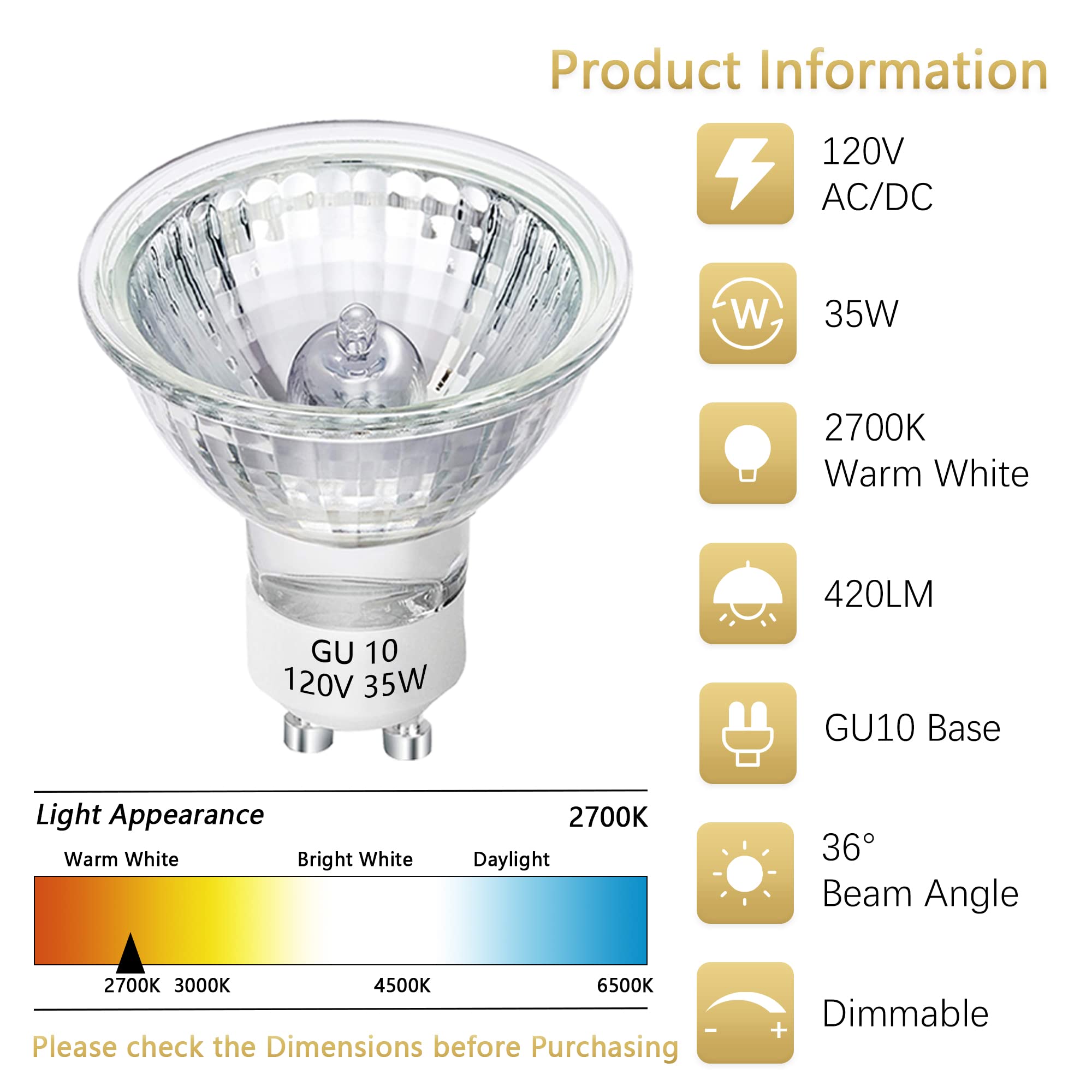 GU10 Halogen Bulb 35W Halogen Bulb 6 Packs, 120v Dimmable, 2700k Warm White Light, GU10+C MR16 Halogen Bulb, with Glass Cover, Long Service Life, Used for Track and Embedded Lighting, Range Hood