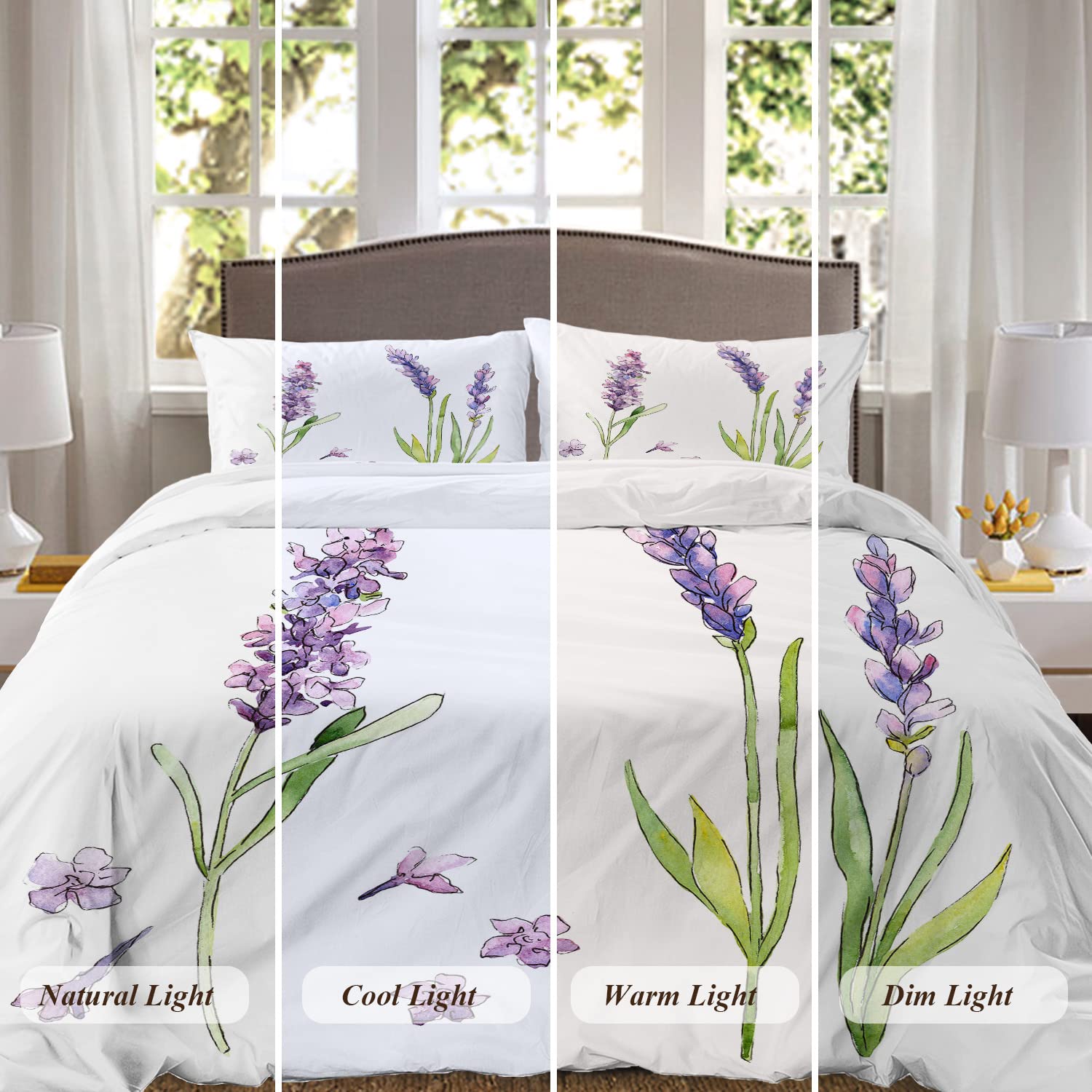 Shrahala Purple Plant Lavender Duvet Cover Set Queen Size, White Flowers Wildflower 3 Pieces Soft Brushed 100% Cotton Duvet Covers with Button Closure, 1 Duvet Cover 90x90 inches and 2 Pillow Shams