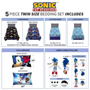 Franco Sonic The Hedgehog Anime Kids Bedding Twin/Full Comforter with Twin Sheet Set and Cuddle Pillow, 5 Piece Bedroom Set (Official Sega Licensed Product)