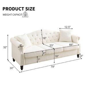 CALABASH 80" Chesterfield Sofa Teddy Tufted Couch with Two Pillows,3 Seater Sofa with Rolled Arms and Nailhead for Living Room, Bedroom, Office, Apartment(Teddy White, Sofa)