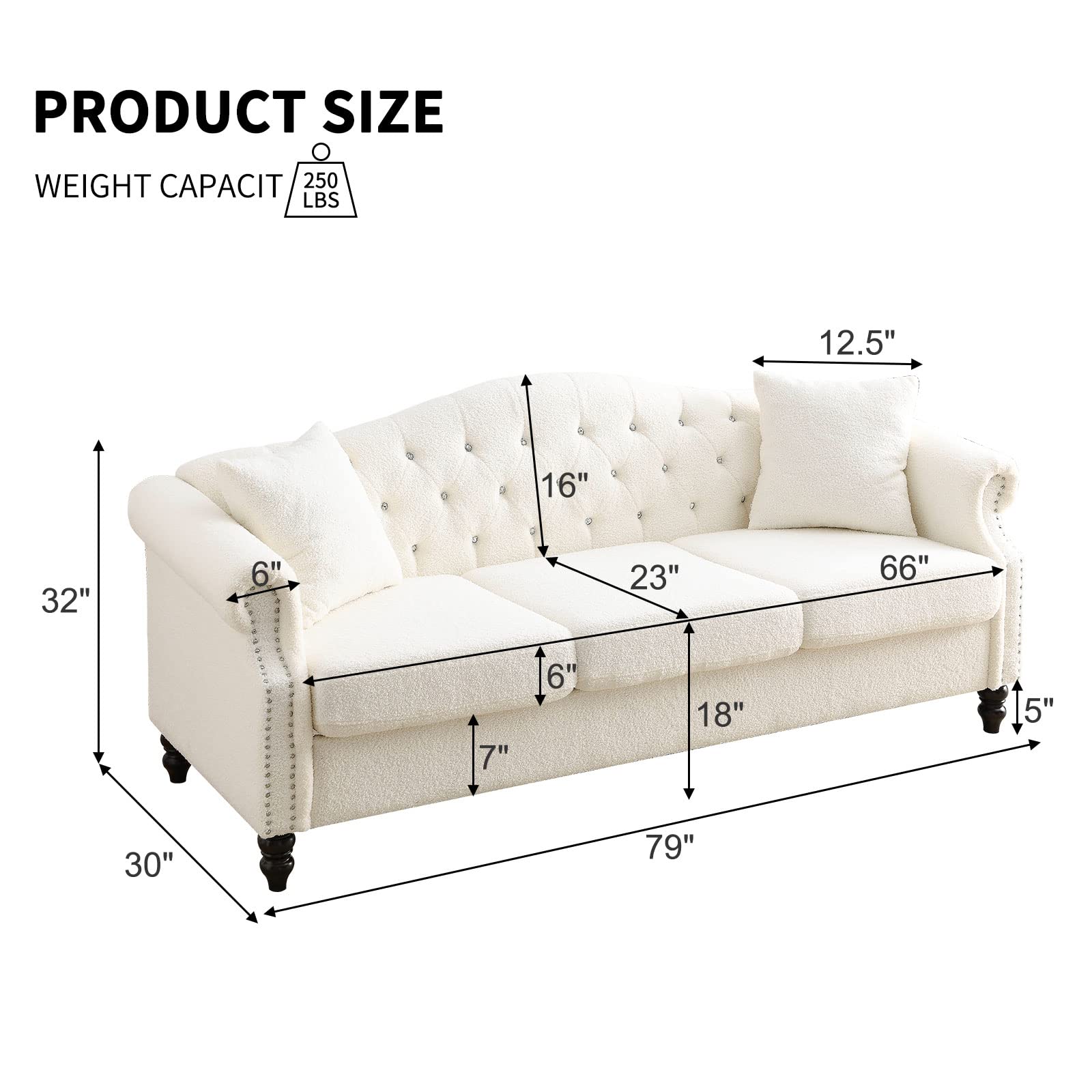 CALABASH 80" Chesterfield Sofa Teddy Tufted Couch with Two Pillows,3 Seater Sofa with Rolled Arms and Nailhead for Living Room, Bedroom, Office, Apartment(Teddy White, Sofa)