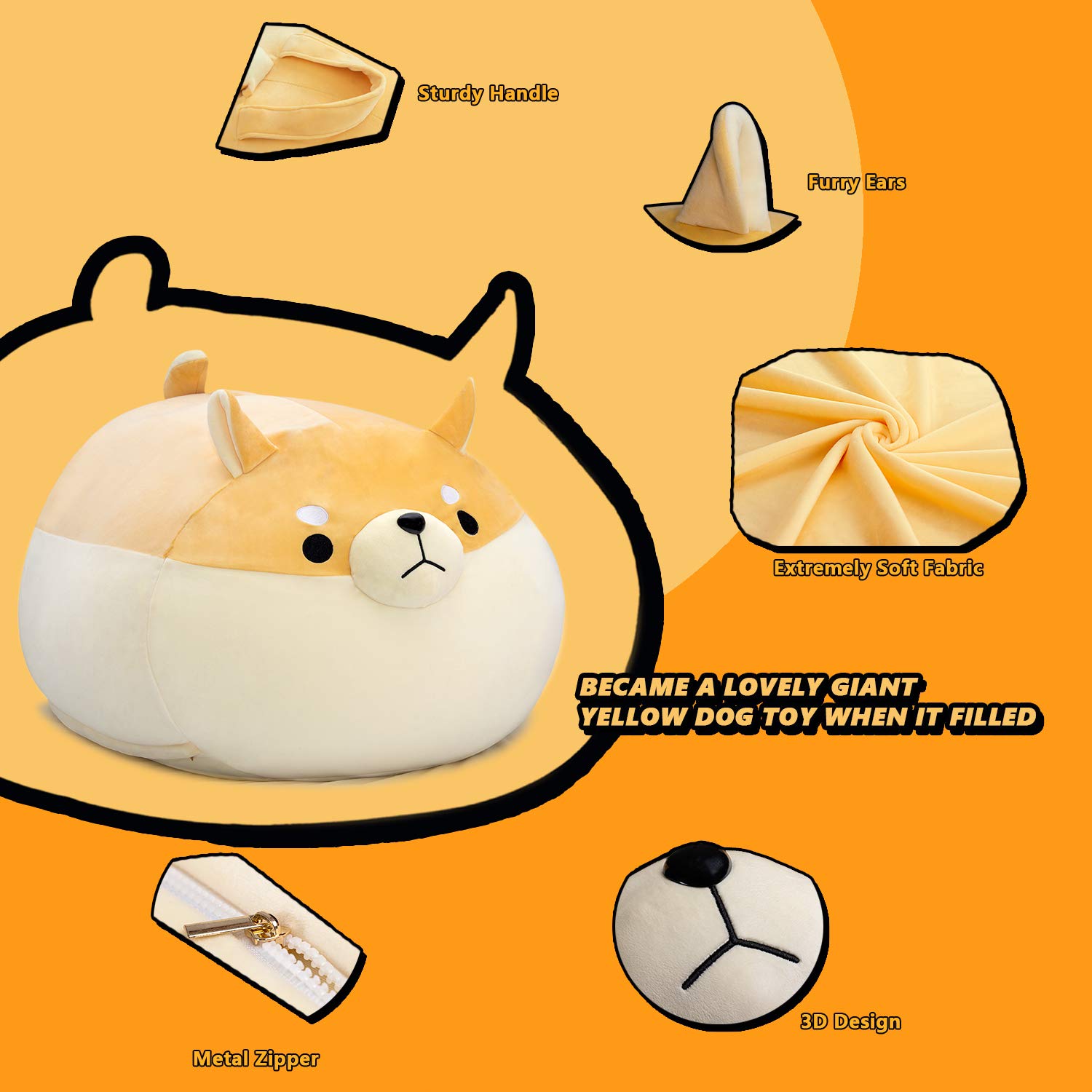 Stuffed Animal Storage Bean Bag Chair Cover for Kids Yellow Dog Shiba Inu Bean Bag Chair for Girls XX-Large Size Toy Organizer Cover Only Without Filling