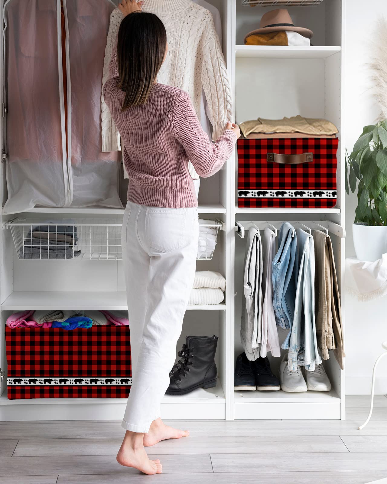 Red Black Plaid Bear Storage Bins 2 Pack, Large Waterproof Storage Baskets for Shelves Closet, Forest Wild Bear Silhouette Storage Basket Foldable Storage Box Cube Storage Organizer with Handles