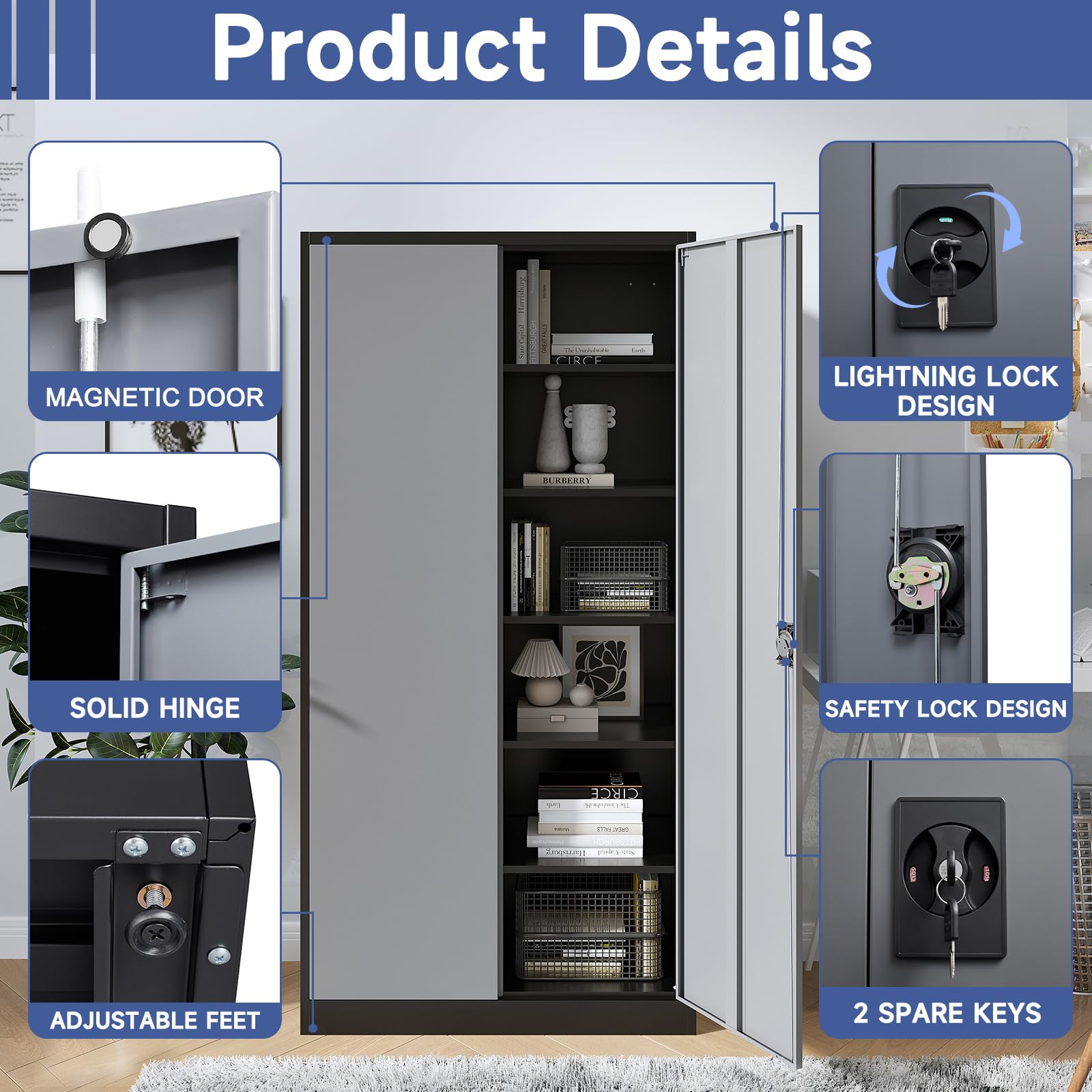 Anxxsu Metal Storage Cabinet with 2 Doors and 4 Adjustable Shelves, 71" Steel Locking Garage Tool Utility Cabinets for Office, Home,School,Kitchen