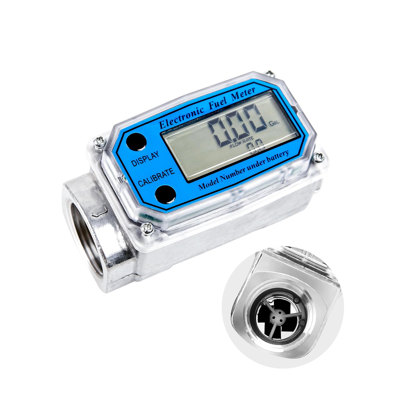 Watflow 1“NPT Turbine Flow Meter with Digital LCD Display for Measuring Diesel Kerosene Gasoline by Gallon, Aluminum Stainless Steel, Blue, 5-50GPM