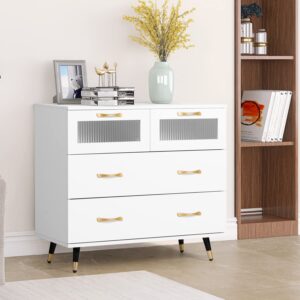 YIGOBUY Small White Dresser, Modern Dresser for Bedroom, 4 Drawer Double Dresser with Wide Drawer and Metal Handles, Wood Dressers & Chests of Drawers for Hallway, Entryway.