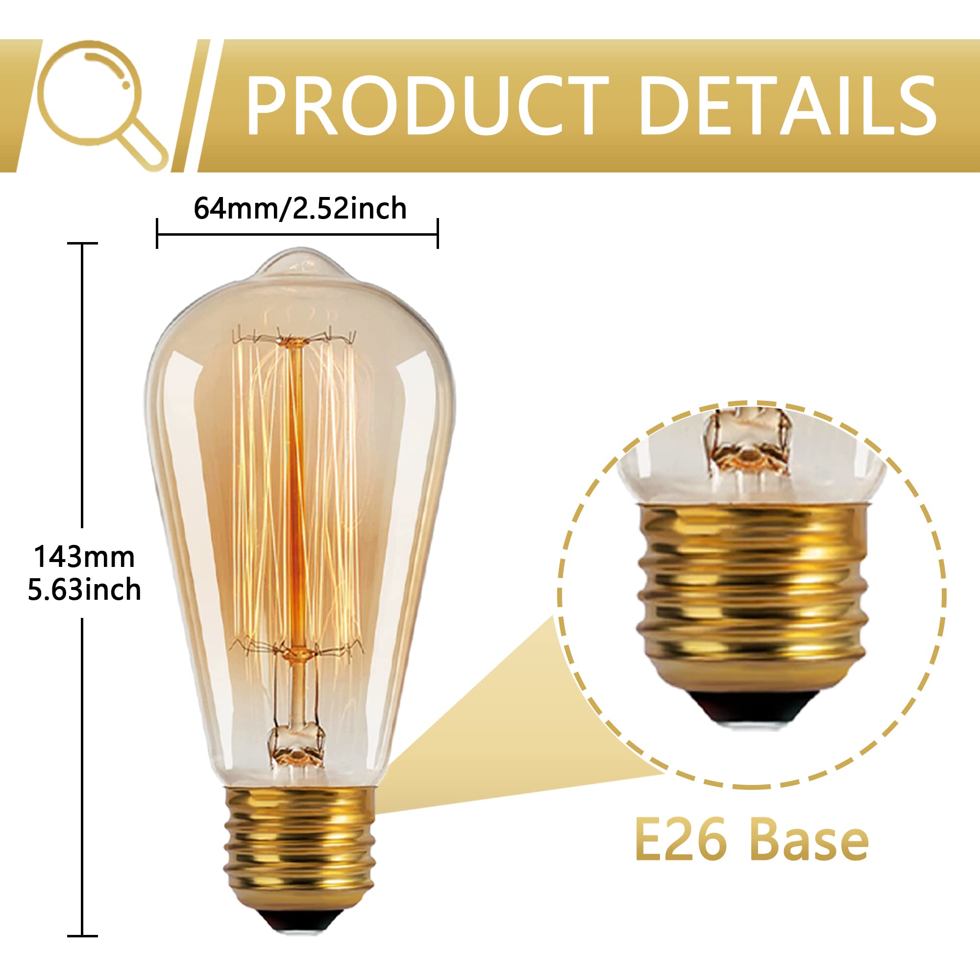 Figame ST64 Edison Bulb 60W 6 Packs, 110-130 Volts, E26/E27 Base Dimmable, Retro Edison Bulb 6 Packs, 2200k Amber Warm Yellow, Decorative Antique Filament Bulb Household Lighting Fixtures