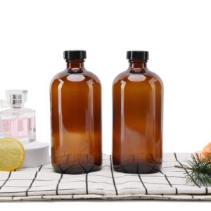 2pcs 16oz Amber Glass Boston Round Bottles with Air Tight Seal Phenolic Poly Cone Caps.Perfect Glass Containers for Secondary Fermentation,Storing condiment,Homemade Essential Oils,plant,kitchen