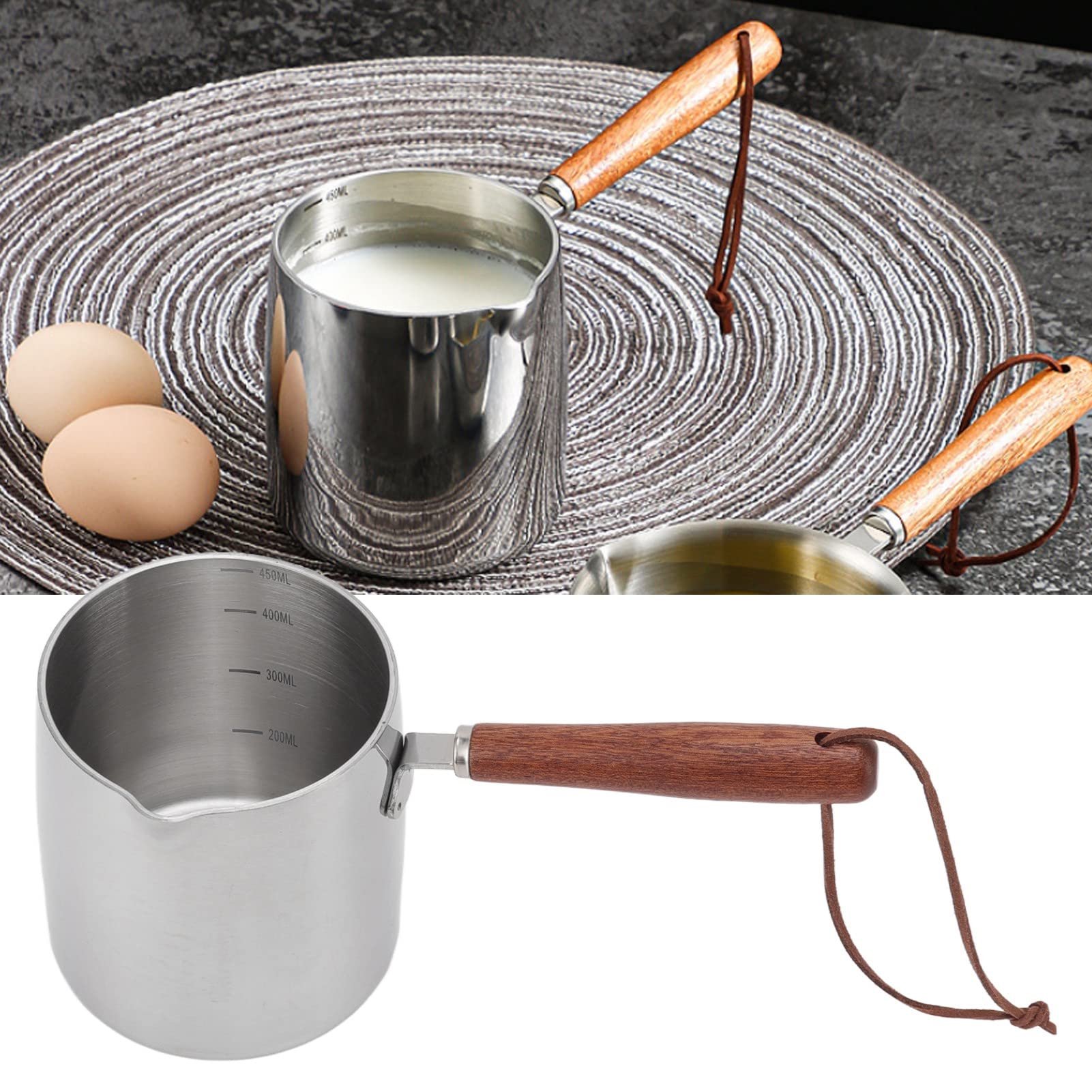 Butter Warmer Pot, Milk Pot Small Sauce Pan with Wooden Handle for Melting Chocolate Cheese Caramel, 450ml