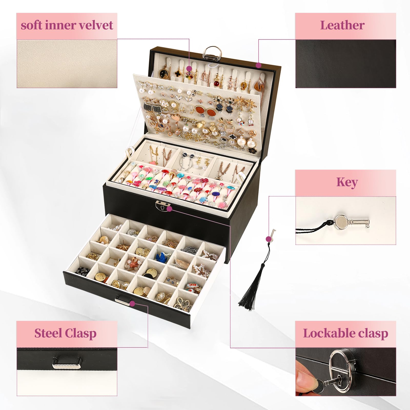 BOOVO Earring Jewelry Box For Women Girl Stud Organizer, 5 Layers Girl Jewelry Organizer Box With Lock Earring Holder Organizer Necklace Ring Jewelry Organizer Box For Girls (Black)