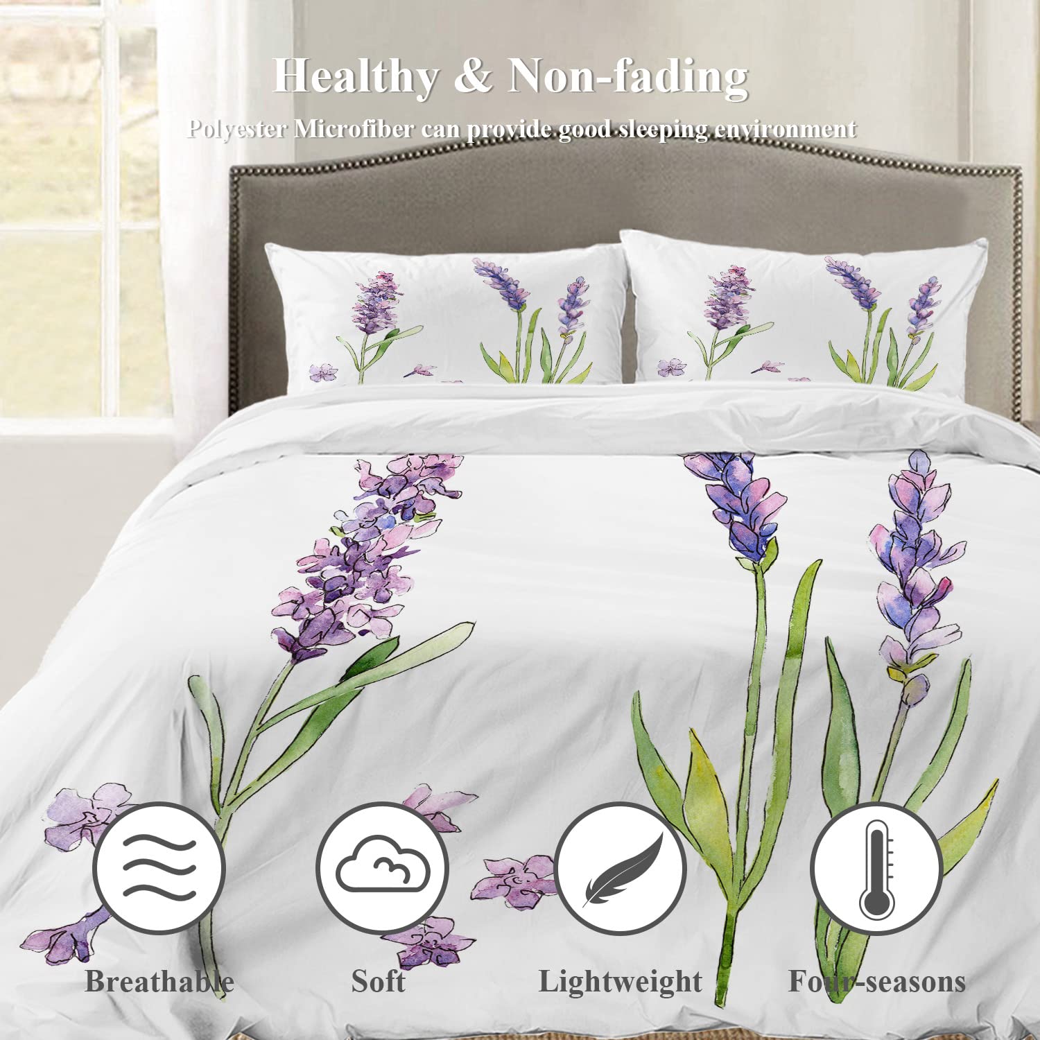 Shrahala Purple Plant Lavender Duvet Cover Set Queen Size, White Flowers Wildflower 3 Pieces Soft Brushed 100% Cotton Duvet Covers with Button Closure, 1 Duvet Cover 90x90 inches and 2 Pillow Shams