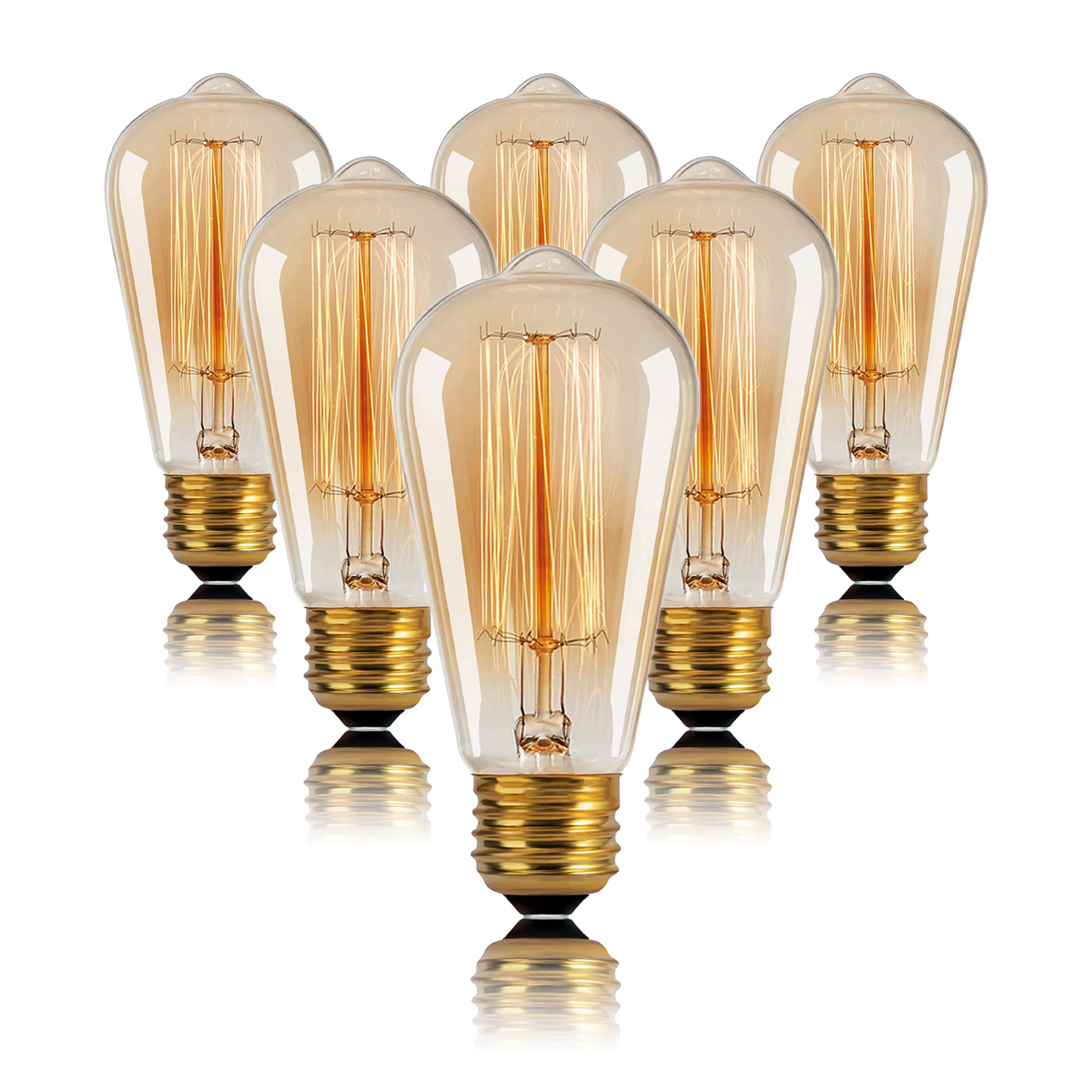 Figame ST64 Edison Bulb 60W 6 Packs, 110-130 Volts, E26/E27 Base Dimmable, Retro Edison Bulb 6 Packs, 2200k Amber Warm Yellow, Decorative Antique Filament Bulb Household Lighting Fixtures