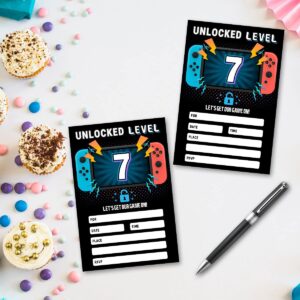 QUPT 20 Video Game Birthday Party Invitations with Envelopes, 7th Birthday Party Invitations cards - Fill in The Blank Birthday Party Invites