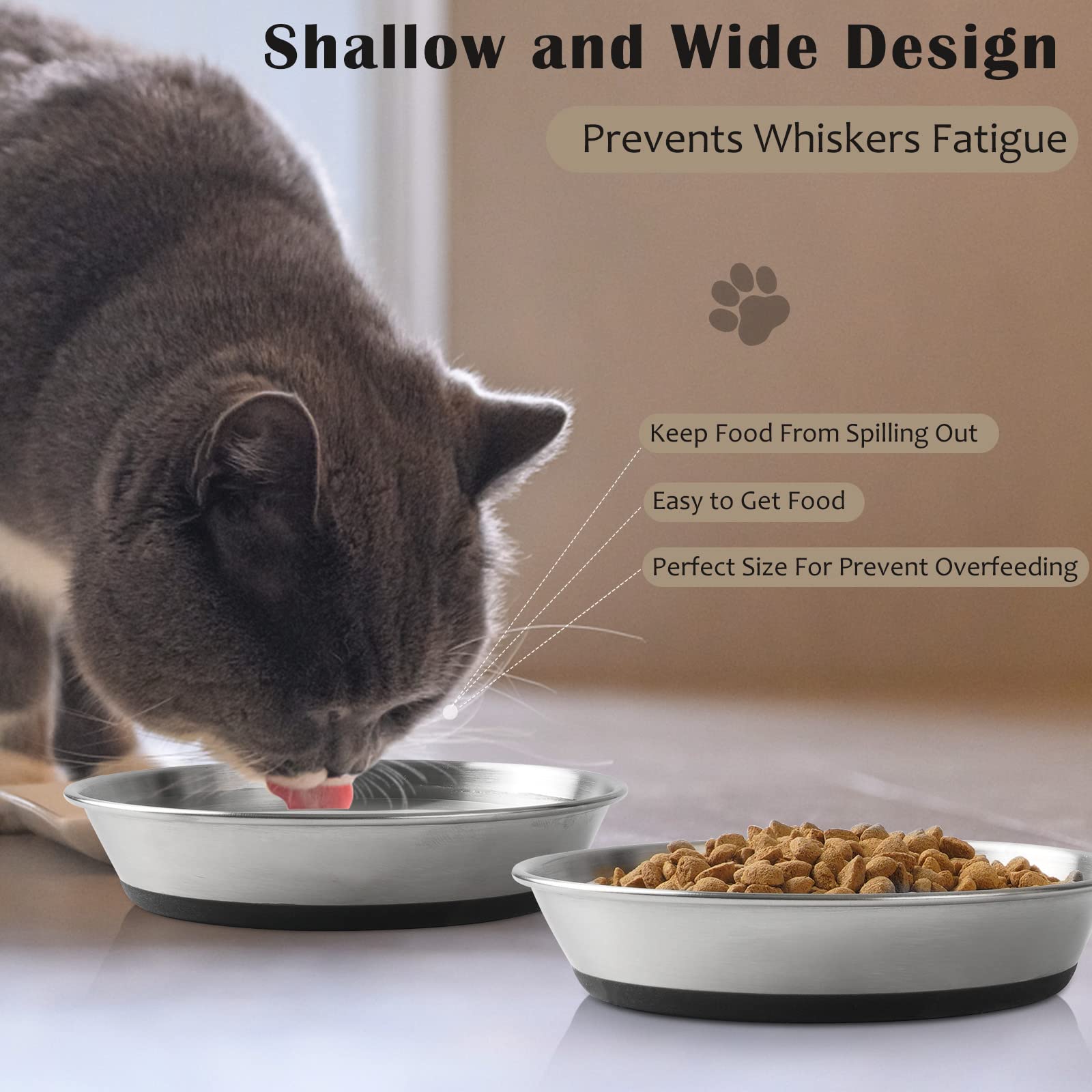 WROSWT Stainless Steel Cat Bowls,Whisker Friendly Shallow Cat Dishes for Food and Water,Non-Slip Silicone Bottom,Heavy Duty,Replacement Kitten Metal Plate for Elevated Stands,2 Pack