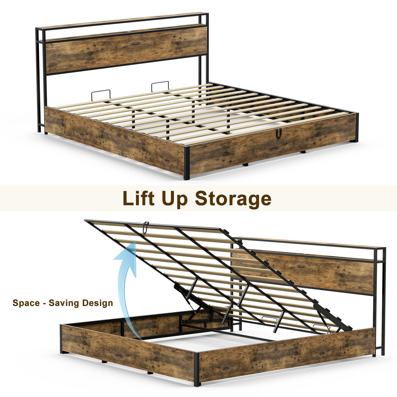 IKIFLY King Size Lift Up Storage Bed, Metal King Platform Bed Frame with 2-Tier Storage Shelf Headboard & Charging Station, Solid Wood Slats, No Box Spring Needed, Easy Assembly, Rustic Brown