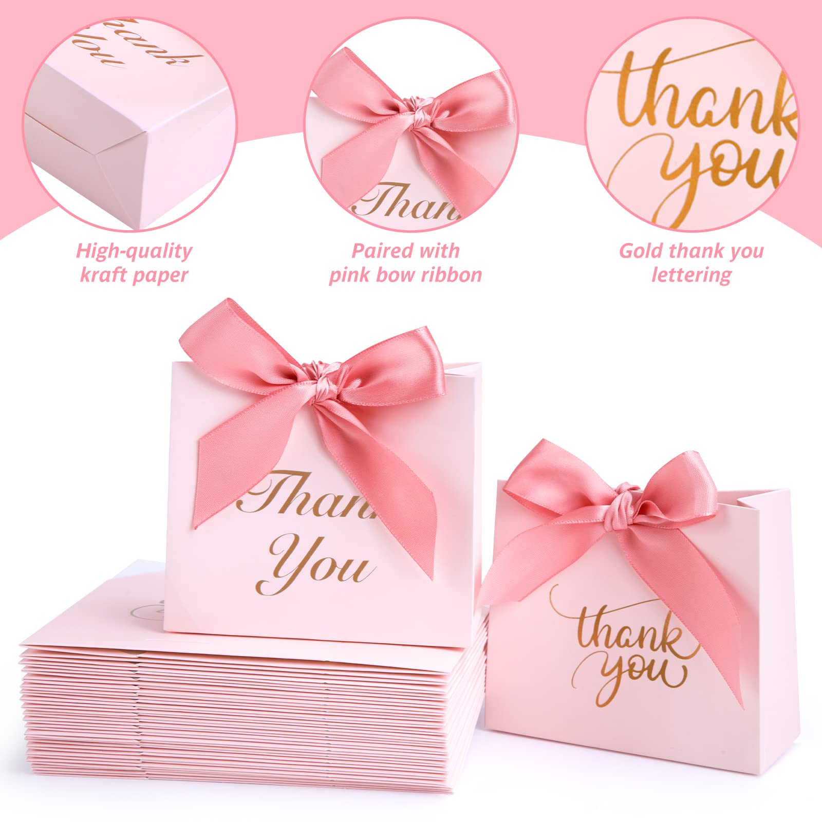 VGOODALL 24PCS Small Thank You Gift Bags, Mini Party Favor Bags Pink Candy Bags Treat Boxes Paper Gift Bags with Bow Ribbon for Wedding Bridal Baby Shower Birthday Party