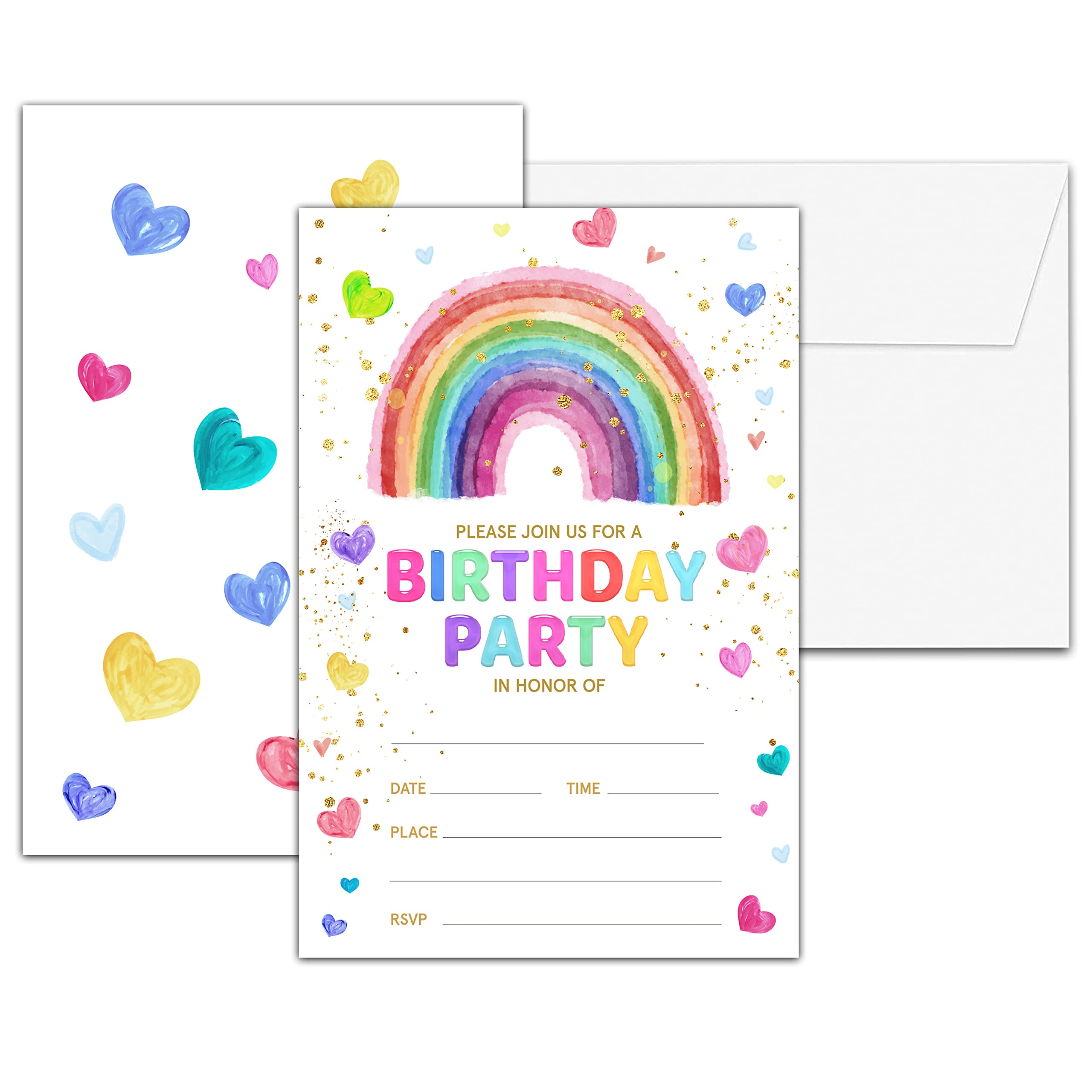 Chuxvon Birthday Party Invitations, Rainbow Heart Birthday Invitations, Double-Sided Fill In Birthday Invites, Birthday Party Favors Decorations Supplies, 20 Cards With 20 Envelopes(Invite-A02)