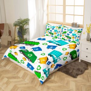 Feelyou Cartoon Garbage Truck Duvet Cover Green Trash Truck Bedding Set for Kids Boys Girls Teens Green Vehicle Car Comforter Cover Garbage Truck Toy Print Bed Set 2Pcs Zipper Twin Size (No Comforter)