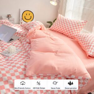 Pink Bedding Checkered Duvet Cover Set Twin, Soft 100% Washed Cotton Grid Plaid Duvet Cover Set, 4PCS 1 Quilt Cover+2 Pillow Covers+1 Flat Sheet, Checkered Cover Set Bedding Sets Collections