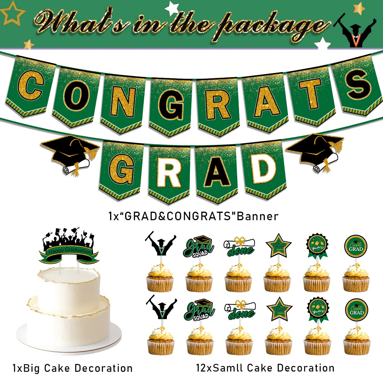 Green Graduation Plates and Napkins Class of 2025 Congrats Grad Decoration Serve 20 Guests Tableware Disposable Plates, Cups, Napkins, Tablecloth, Toppers and Banner for College High School (Green)