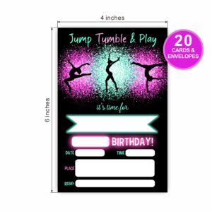 Jump Tumble & Play Birthday Invitations, Neon Pink Foil Gymnastic Birthday Party Invites Decorations, Birthday Party And Events Supplies, 20 Fill-In Invites Cards With Matching Envelopes（YQK-B03）