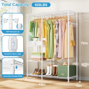 Ulif F4 Heavy Duty Clothes Rack（With Hanger Rod ） Freestanding Clothing Racks for Hanging Clothes，Adjustable Closet Organizer System，Portable Garment Rack 45" W x 15" D x 70" H，Max Load 500LBS，White