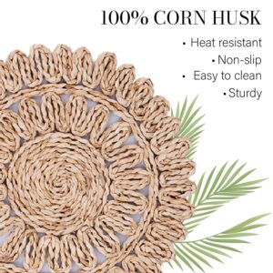 Laquedecraft 13.8" Round Corn Husk Placemats Set of 6 | Boho Rattan Woven Placemats | Farmhouse Spring Placemats | Table Wicker Placemats