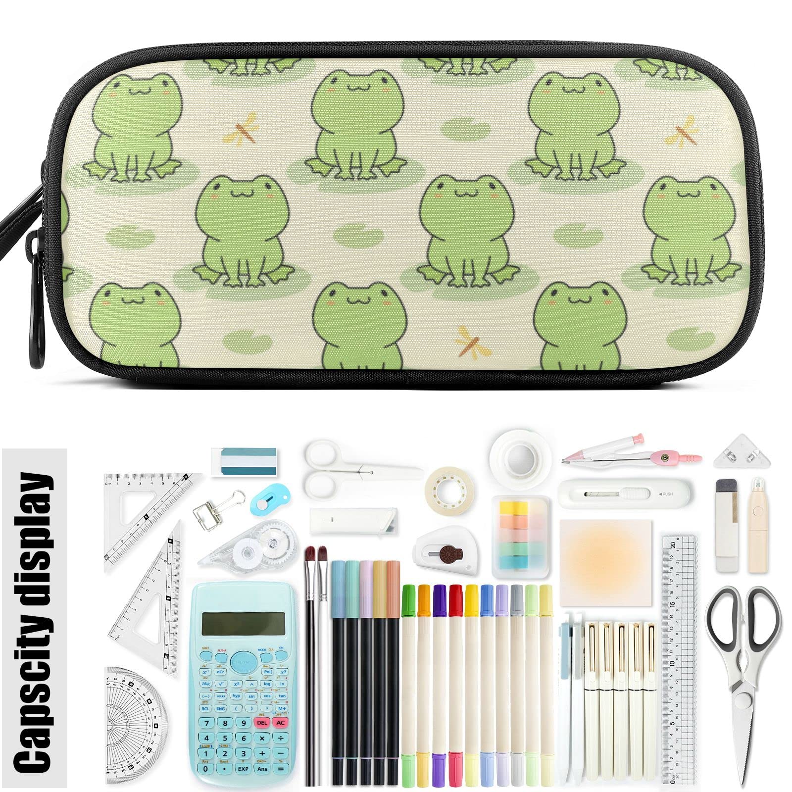 Fustylead Cute Frog Big Capacity Pencil Pen Case, Multi-Purpose Makeup Bag Organizer Storage Pouch for Office College School Hiking Travel