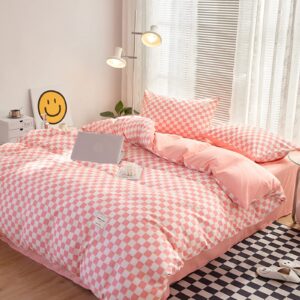 Pink Bedding Checkered Duvet Cover Set Twin, Soft 100% Washed Cotton Grid Plaid Duvet Cover Set, 4PCS 1 Quilt Cover+2 Pillow Covers+1 Flat Sheet, Checkered Cover Set Bedding Sets Collections