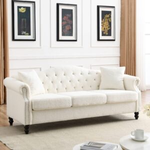 calabash 80" chesterfield sofa teddy tufted couch with two pillows,3 seater sofa with rolled arms and nailhead for living room, bedroom, office, apartment(teddy white, sofa)