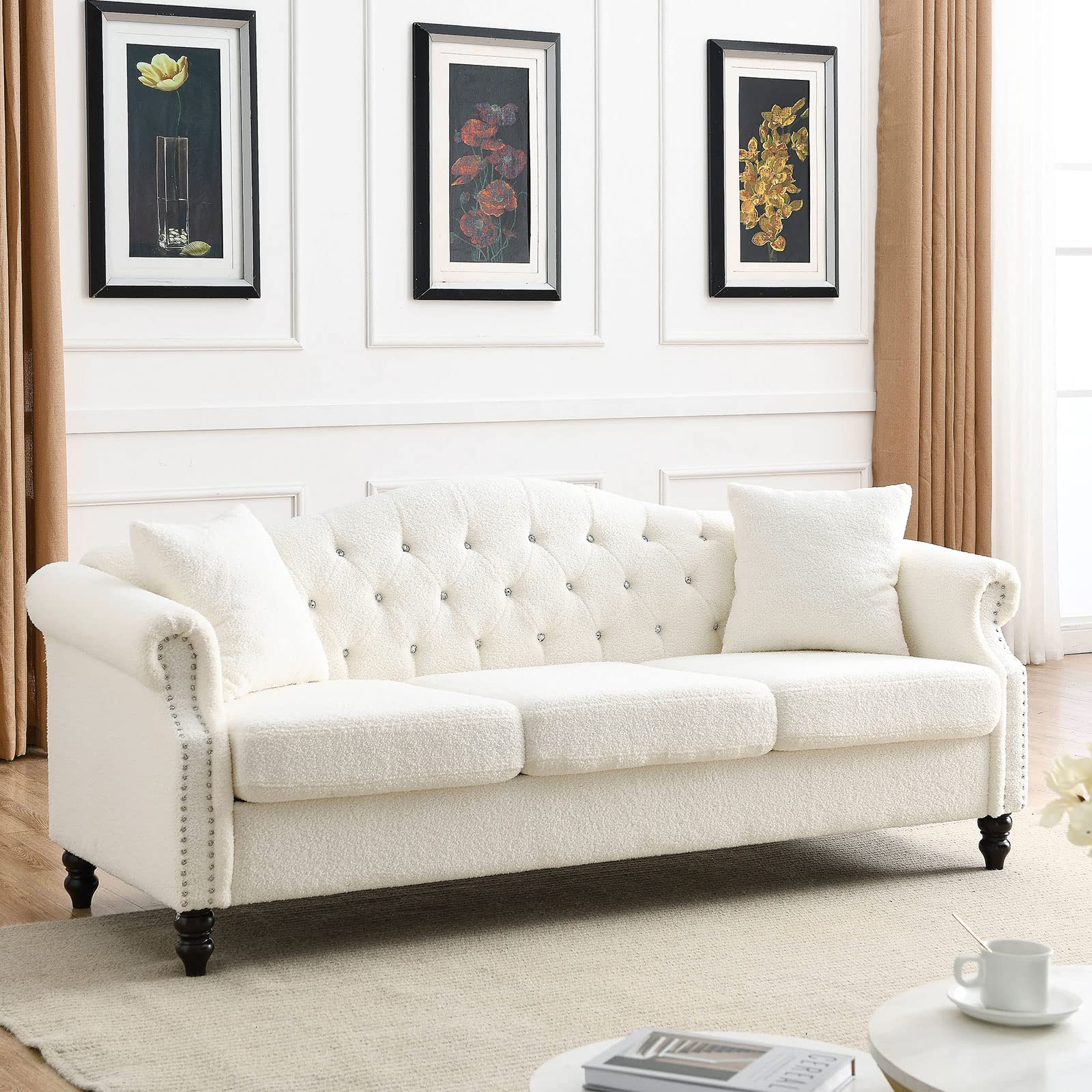 CALABASH 80" Chesterfield Sofa Teddy Tufted Couch with Two Pillows,3 Seater Sofa with Rolled Arms and Nailhead for Living Room, Bedroom, Office, Apartment(Teddy White, Sofa)