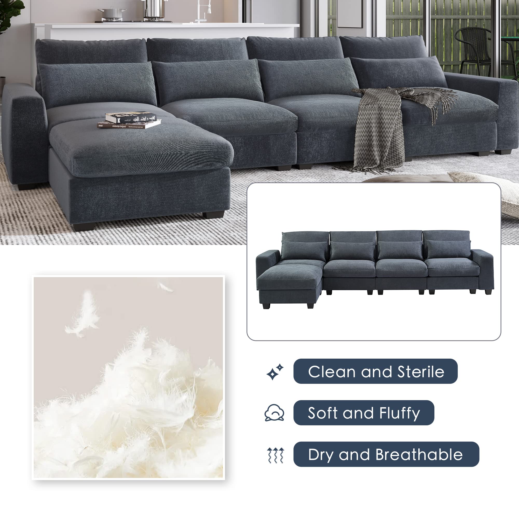 WILLIAMSPACE 129.9" Sectional Sofa for Living Room, Large L-Shaped Sofa Couch with Ottoman, Feather Filled 4 Seat Upholstered Convertible Modular Sofa with Waist Pillows - Dark Grey